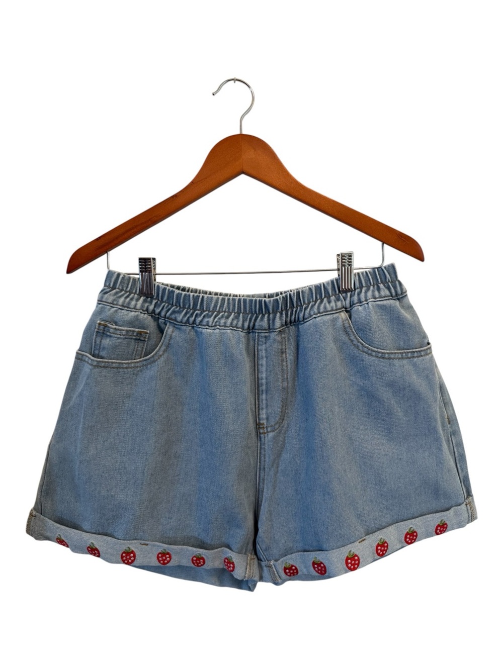 ROMWE Kawaii Light Wash Blue Denim Shorts with Strawberry Embroidered Roll Hem